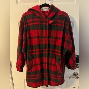 Mackintosh of New England 80’s Red Green Plaid Wool Hooded Coat Made USA Toggle